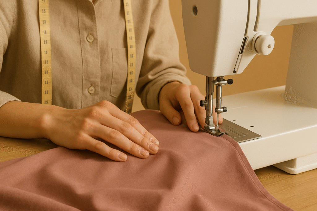Close-up proses jahitan kain di mesin jahit industri oleh penjahit profesional Bivibsy Konveksi, background warna beige aesthetic.